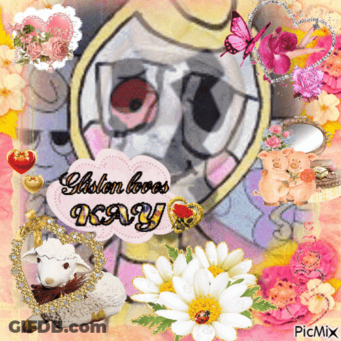 A Picture Of A Sheep And Flowers With The Words " Glisten Loves Day " GIF