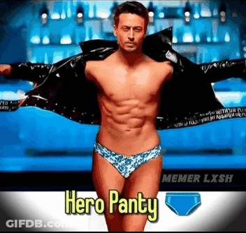 A Picture Of A Shirtless Man In Underwear With The Words Hero Panty On It GIF