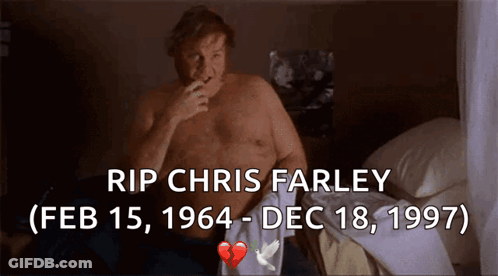 A Picture Of A Shirtless Man Sitting On A Bed With The Words Rip Chris Farley Below Him GIF