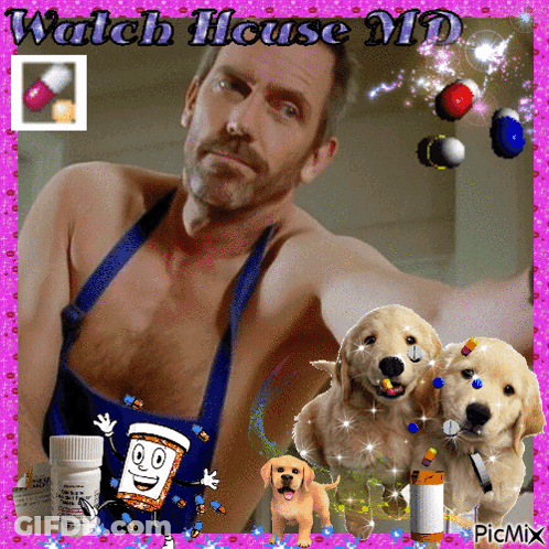 A Picture Of A Shirtless Man With The Words Watch House Md Written On It GIF
