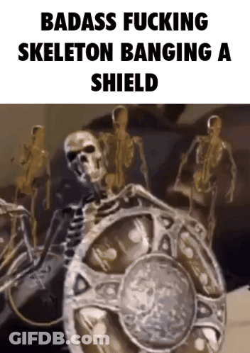 A Picture Of A Skeleton Holding A Shield With The Words Badass Fucking Skeleton Banging A Shield GIF
