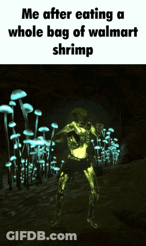 A Picture Of A Skeleton In A Cave With Glowing Mushrooms And The Words Me After GIF