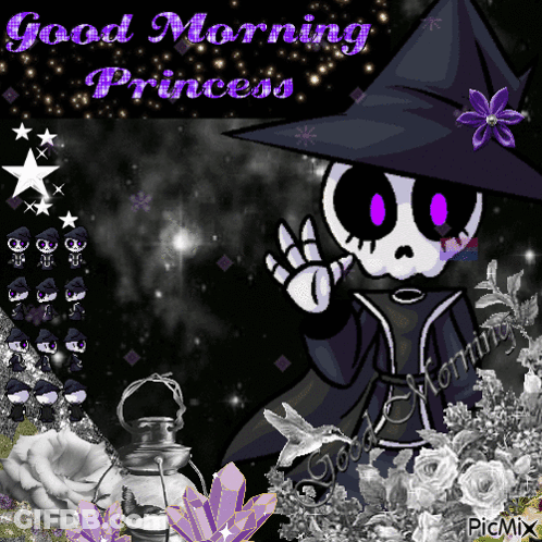 A Picture Of A Skeleton Wearing A Witch Hat With The Words Good Morning Princess GIF