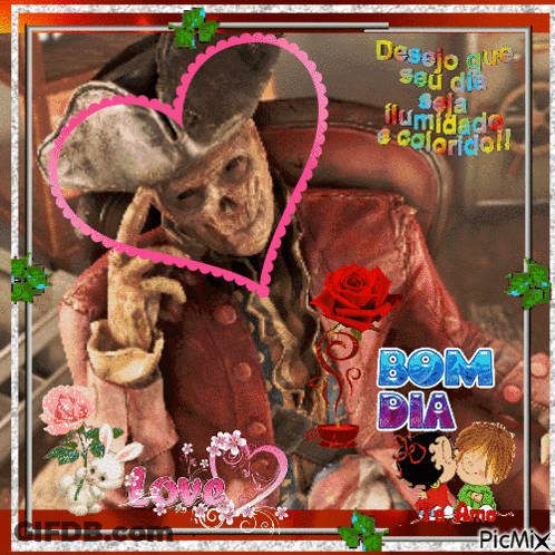 A Picture Of A Skeleton With A Heart And The Words Bom Dia On It GIF