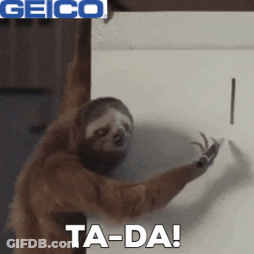 A Picture Of A Sloth With The Words Ta-Da Written Below It GIF