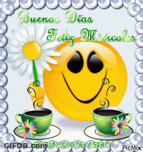 A Picture Of A Smiley Face And Two Cups Of Coffee With The Words Buenos Dias Feliz Miercoles GIF