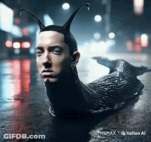 A Picture Of A Snail With A Man 'S Head Coming Out Of It GIF