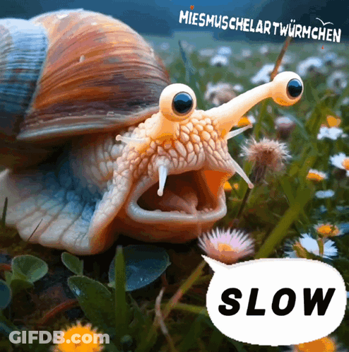 A Picture Of A Snail With A Speech Bubble That Says Slow On It GIF