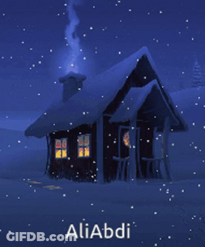 A Picture Of A Snowy Cabin With The Name Aliabdi On The Bottom GIF