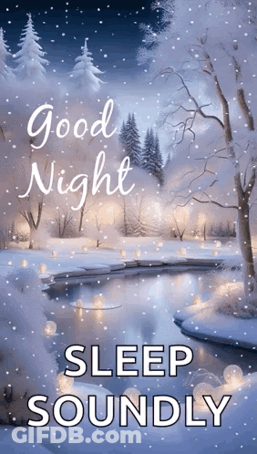 A Picture Of A Snowy Forest With The Words `` Good Night Sleep Soundly '' On It . GIF