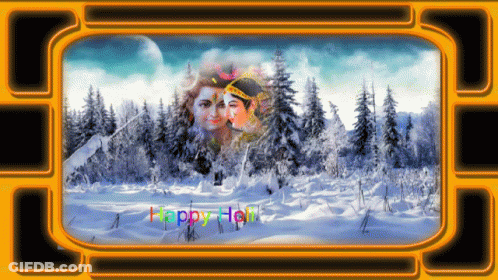 A Picture Of A Snowy Forest With The Words Happy Holi Written On It GIF