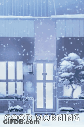 A Picture Of A Snowy House With The Words Good Morning GIF