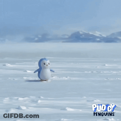 A Picture Of A Snowy Landscape With Pucky Penguins Written On It GIF