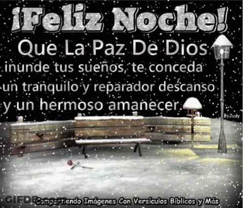 A Picture Of A Snowy Park With The Words " Feliz Noche " On It GIF