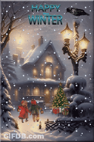 A Picture Of A Snowy Scene With The Words Happy Winter GIF