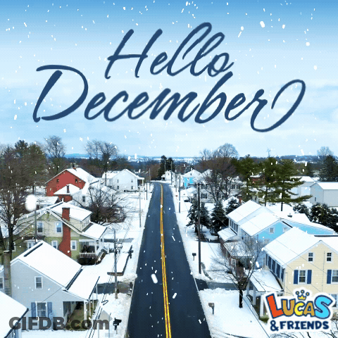 A Picture Of A Snowy Street With The Words Hello December GIF