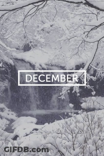 A Picture Of A Snowy Waterfall With The Month Of December GIF