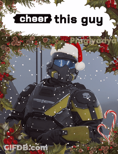 A Picture Of A Soldier Wearing A Santa Hat With The Words Cheer This Guy GIF