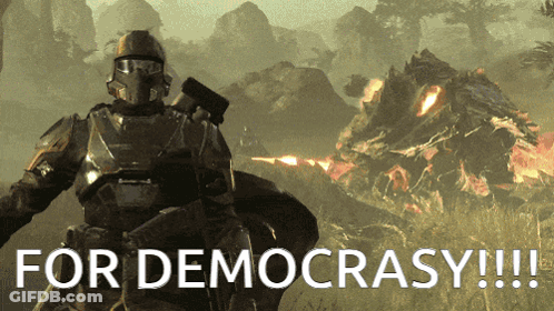 A Picture Of A Soldier With The Words For Democracy Written Below Him GIF