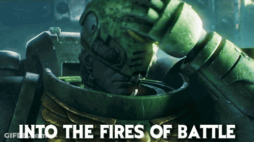 A Picture Of A Soldier With The Words Into The Fires Of Battle Below It GIF
