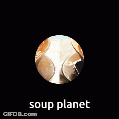 A Picture Of A Soup Planet With A Bird On It GIF