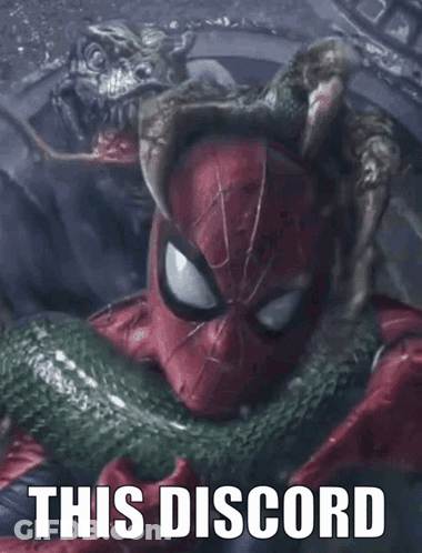 A Picture Of A Spider Man With The Words This Discord Written Below Him GIF