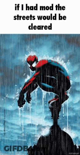 A Picture Of A Spiderman In The Rain With The Caption If I Had Mod The Streets Would Be Cleared GIF