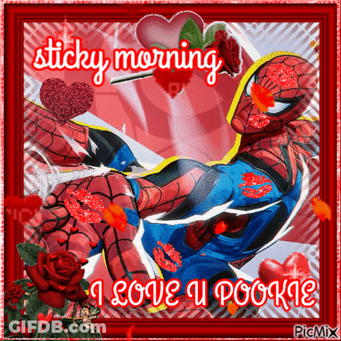 A Picture Of A Spiderman Says Sticky Morning GIF