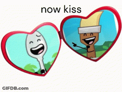 A Picture Of A Spoon And A Brush In A Heart Shaped Frame Says Now Kiss GIF