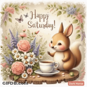 A Picture Of A Squirrel With Flowers And A Cup Of Coffee And The Words Happy Saturday GIF