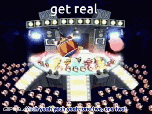 A Picture Of A Stage With The Words Get Real Yeah Yeah Yeah Yeah One Two One Two GIF