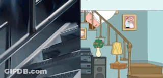 A Picture Of A Staircase Next To A Picture Of A Family Guy House GIF