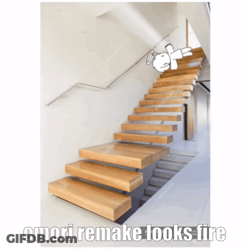 A Picture Of A Staircase With Omori Remake Looks Fire Written On The Bottom GIF