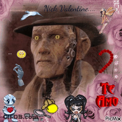 A Picture Of A Statue Of A Man With The Words Nick Valentine On It GIF
