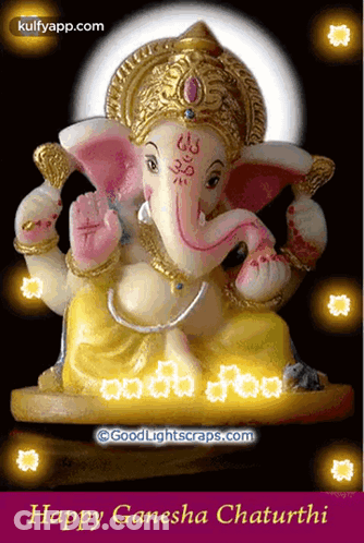 A Picture Of A Statue Of Ganesha With The Words Happy Ganesha Chaturthi At The Bottom GIF