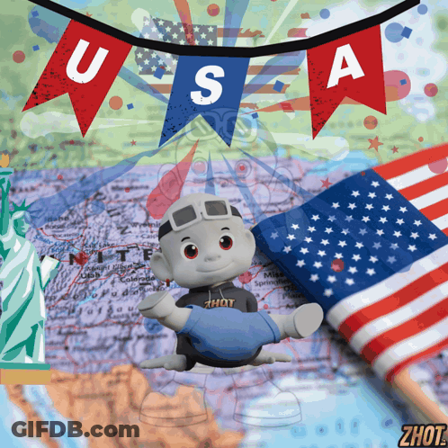 A Picture Of A Statue Of Liberty And A Flag With A Banner That Says USA GIF