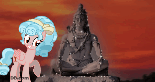 A Picture Of A Statue Of Shiva With A Pony In Front Of It GIF