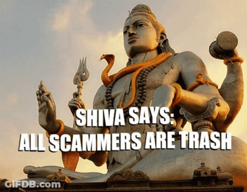 A Picture Of A Statue Of Shiva With The Caption Shiva Says All Scammers Are Trash GIF