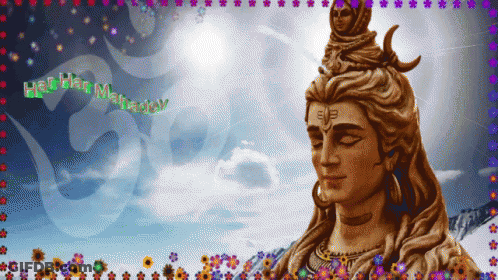 A Picture Of A Statue Of Shiva With The Words Hey Hey Mahadev Written On The Bottom GIF