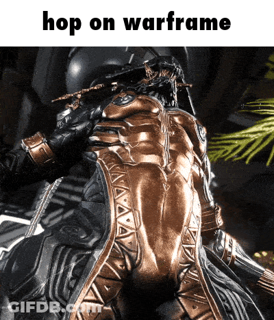 A Picture Of A Statue With The Words Hop On Warframe On The Bottom GIF