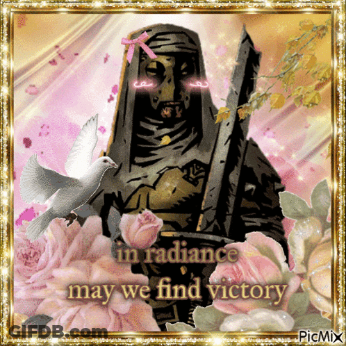 A Picture Of A Statue With The Words In Radiance May We Find Victory Written On It GIF