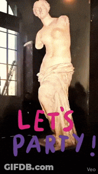 A Picture Of A Statue With The Words Let 'S Party Written On It GIF