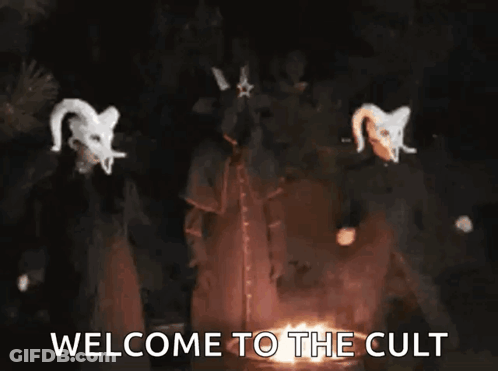 A Picture Of A Statue With The Words Welcome To The Cult On The Bottom GIF