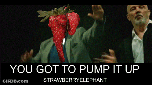 A Picture Of A Strawberry With The Words " You Got To Pump It Up Strawberryelephant " Below It GIF