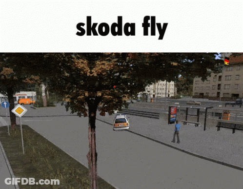 A Picture Of A Street With The Words Skoda Fly On The Bottom GIF