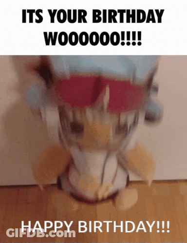 A Picture Of A Stuffed Animal That Says " Happy Birthday " On It GIF