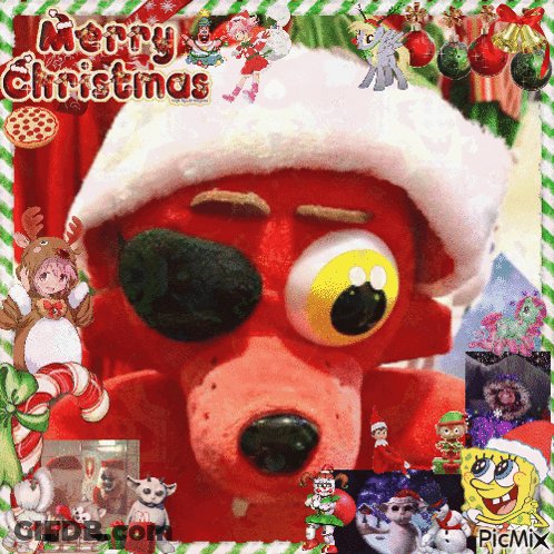 A Picture Of A Stuffed Animal Wearing A Santa Hat With The Words Merry Christmas Above It GIF