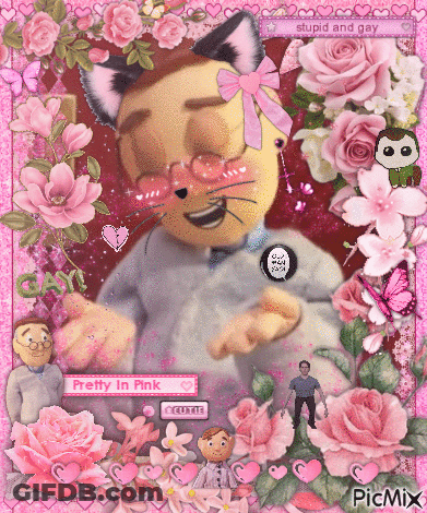 A Picture Of A Stuffed Animal With A Cat Ear Surrounded By Pink Roses GIF