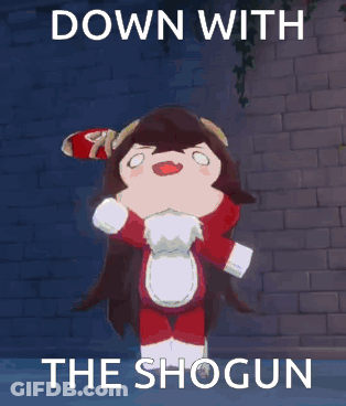 A Picture Of A Stuffed Animal With The Words Down With The Shogun On It GIF
