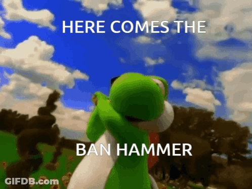 A Picture Of A Stuffed Animal With The Words Here Comes The Ban Hammer GIF
